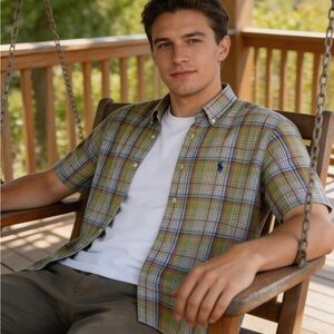 Ralph Lauren Blue Label Mens M Green Plaid Button Down Shirt Preppy Classic Fit